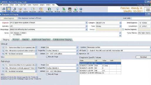 Screenshot of the MOSAIQ diagnosis and staging screen