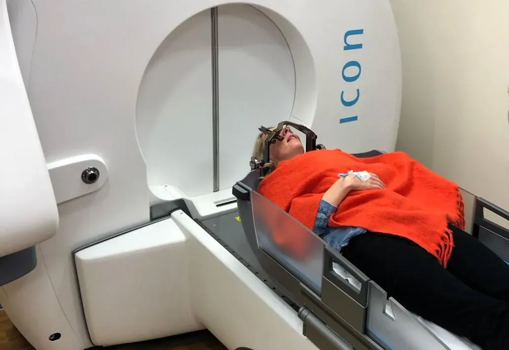 Emmas head being keep still with a frame during Gamma Knife treatment